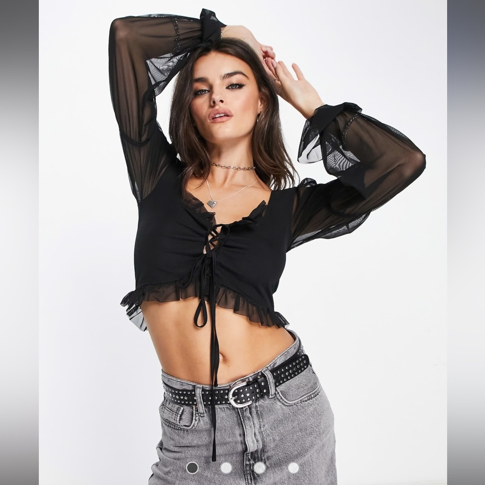ASOS Reclaimed Vintage lace up blouse top in black mesh - Picture 3 of 4